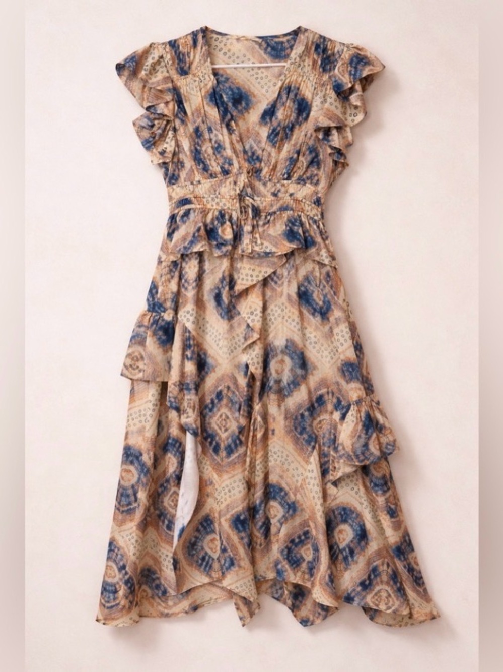 Ulla Johnson Cream and Blue Printed Ruffle Midi Dress - Picture 3 of 5
